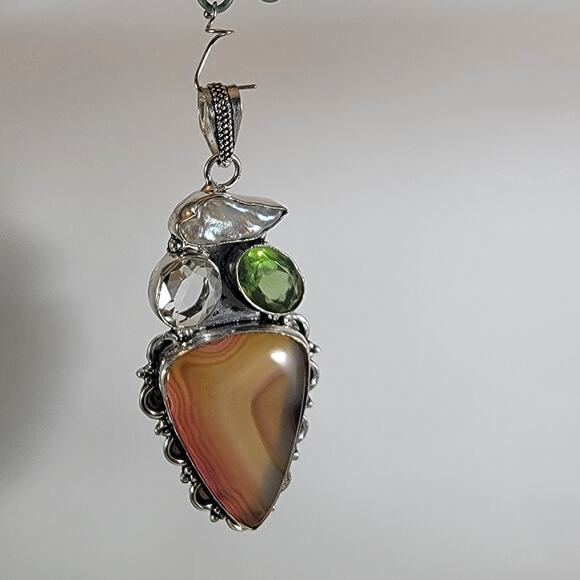 Handmade Silver Pendant with Banded Agate Pearl & Green Quartz – Nature-Inspired - Picture 1 of 10
